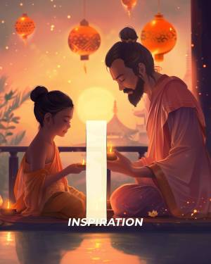 A digital painting of a monk and a young child lighting candles, symbolizing peace and inspiration.