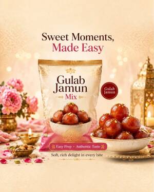 A packet of Gulab Jamun mix surrounded by bowls of fresh gulab jamun, flowers, and a decorative lantern, perfect for celebrations.