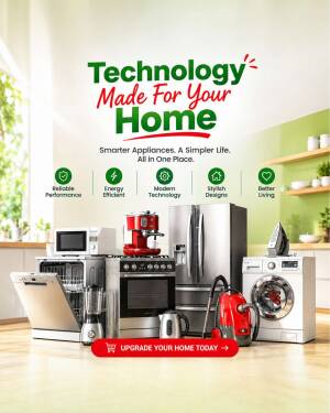 A collection of modern home appliances including a dishwasher, coffee maker, refrigerator, and washing machine displayed in a bright kitchen setting.