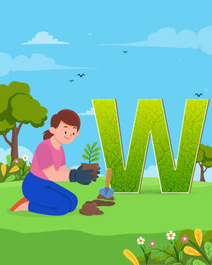 Illustration of a girl planting a seedling next to a large letter W made of leaves.