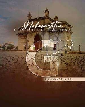 Maharashtra Foundation Day greeting with the Gateway of India and map of Maharashtra