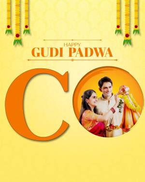 A couple celebrating Gudi Padwa with a large letter 'C' in the foreground.