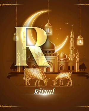 Golden letter 'R' with crescent moon, mosque, and cows for Ramadan