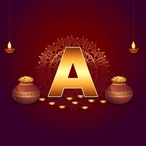 Golden letter A with traditional Diwali decorations including oil lamps and clay pots.
