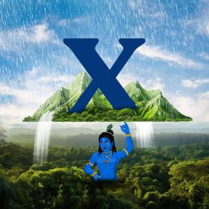 Digital art depicting Lord Krishna with a large letter X and a mountainous landscape.
