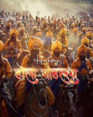 A vibrant image depicting Sikh warriors on horseback with a large crowd celebrating Hola Mohalla.