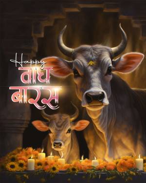 Image of a cow and calf with lit candles and marigold flowers for Varchha Baras
