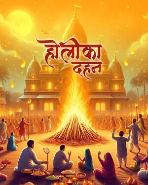 Illustration of Holika Dahan with a bonfire and people celebrating