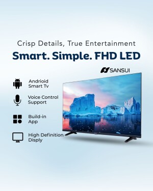 Sansui FHD LED smart television display showcasing icy landscape image with android and voice control features listed