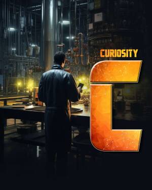 A man in a dark suit stands in a complex industrial setting, looking at a glowing device with a large orange 'C' logo.