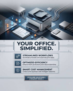 Futuristic office printer with digital tablet and workflow automation icons representing smart print management