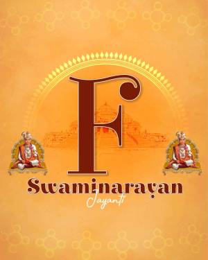 Swaminarayan Jayanti poster with a large letter 'F' and images of Swaminarayan
