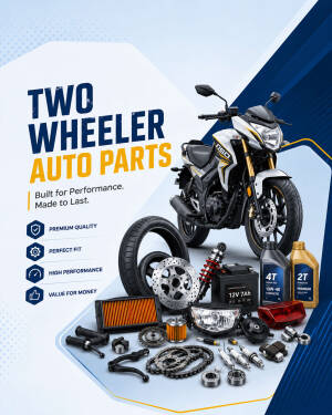 A collection of two-wheeler motorcycle spare parts including tires, chains, oil, and filters.