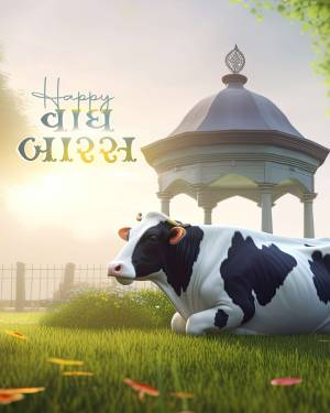 A cow resting near a dome-shaped structure with 'Happy Vaisakhi' text in Gujarati.
