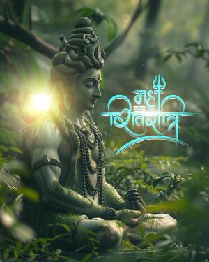 Digital art of Lord Shiva in a meditative pose with a glowing aura and Devanagari script.
