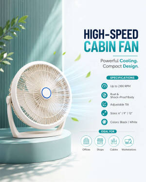A white high-speed cabin fan placed on a teal pedestal against a light blue background with specifications listed on the right.