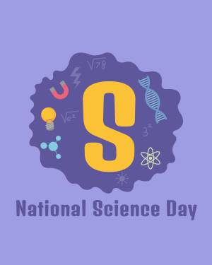 Illustration for National Science Day featuring science symbols and a large letter S