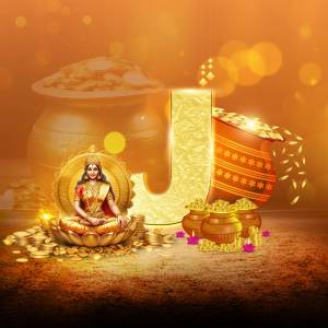 Image of Goddess Lakshmi with gold pots and the letter J
