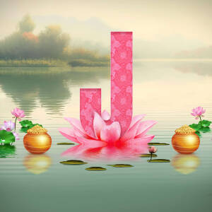 Pink letter J formed with lotus petals on water with gold pots and flowers