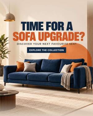 Modern blue velvet sofa in a bright, stylish living room setting
