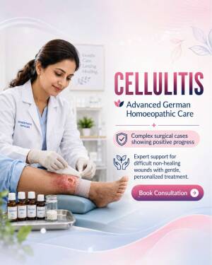 Doctor treating a cellulitis wound with homoeopathic medicine