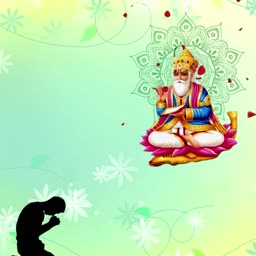 A devotee praying to Lord Vishwakarma on a green gradient background with floral patterns