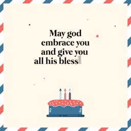 A birthday greeting card with a cake illustration and a blessing message on a cream background with a red and blue border.