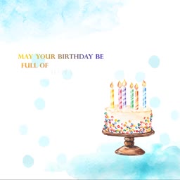 A white background card with a watercolor birthday cake featuring colorful sprinkles and lit candles, with text reading May your birthday be full of.
