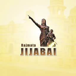 Statue of Rajmata Jijabai with her son young Shivaji Maharaj on a yellow background