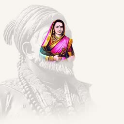A creative illustration featuring Rajmata Jijabai over a faded silhouette of Chhatrapati Shivaji Maharaj