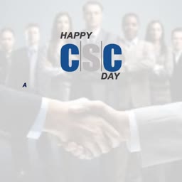 A professional image celebrating Happy CSC Day with a handshake graphic and a blurred team background.