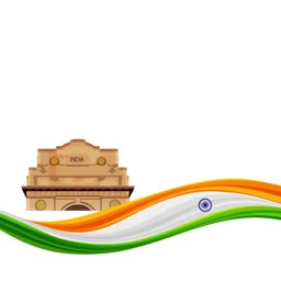 An illustration of the India Gate monument set against a flowing Indian tricolor flag on a white background.