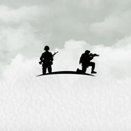 Two soldiers in silhouette standing and kneeling on a ridge against a cloudy sky background