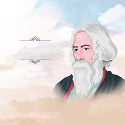 An artistic portrait of Rabindranath Tagore surrounded by clouds and soft light