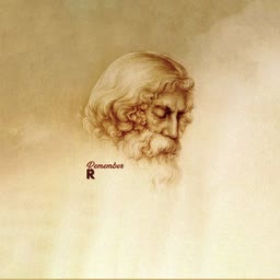 A faded sketch-style illustration of a bearded man's profile with the text Remember R