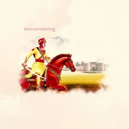 An artistic painting of Chhatrapati Shivaji Maharaj riding a horse with a sword in hand, set against a fort background.