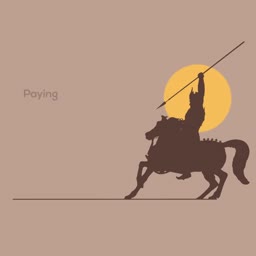 A minimalist silhouette illustration of a warrior riding a horse and holding a spear against a sunset background.