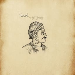 A vintage-style line drawing illustration of the side profile of Chhatrapati Shivaji Maharaj on aged parchment paper with Gujarati text.
