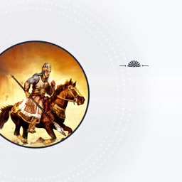 An artistic depiction of Maharana Pratap riding a horse with a spear against a warm, circular golden background