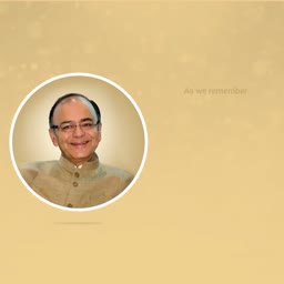 A portrait of Arun Jaitley inside a white circle on a golden background