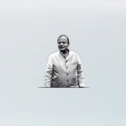 Portrait of the late Indian politician Arun Jaitley centered on a light gray background