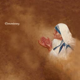 An artistic illustration of Mother Teresa with hands clasped in prayer on a textured brown background