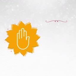 The Jain emblem of the raised palm of Ahimsa inside a golden lotus on a light grey background