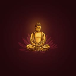 Golden meditating Buddha sitting on a lotus flower against a deep dark maroon background