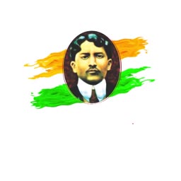 Portrait of Indian revolutionary Surya Sen with saffron and green brush strokes in the background