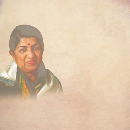 A portrait of the legendary Indian playback singer Lata Mangeshkar against a textured beige background