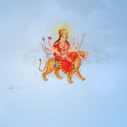 Goddess Durga depicted with multiple arms, riding a tiger against a pale blue background with a faint temple silhouette.