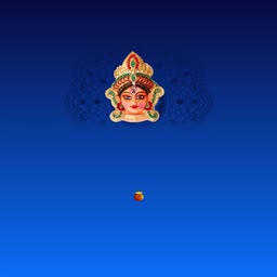 A decorative illustration of Goddess Durga on a deep blue background with a small golden kalash below.