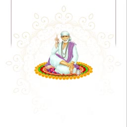 Sai Baba sitting in a serene pose on a decorative colorful circular mat with a faint mandala background