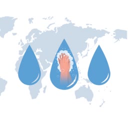 A illustration showing a pair of hands washing with soap inside a blue water drop against a faint world map background.